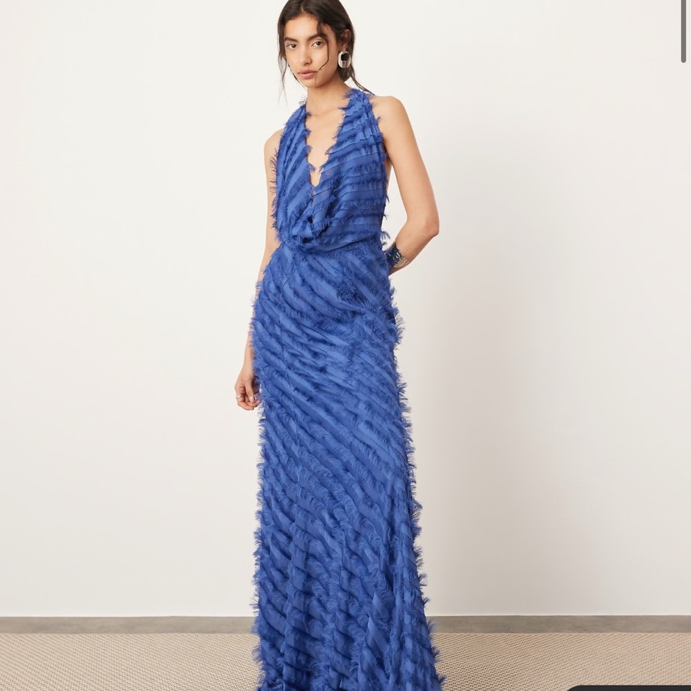 ASOS Elegant Fringe Blue Halter Cowl Neck Dress
